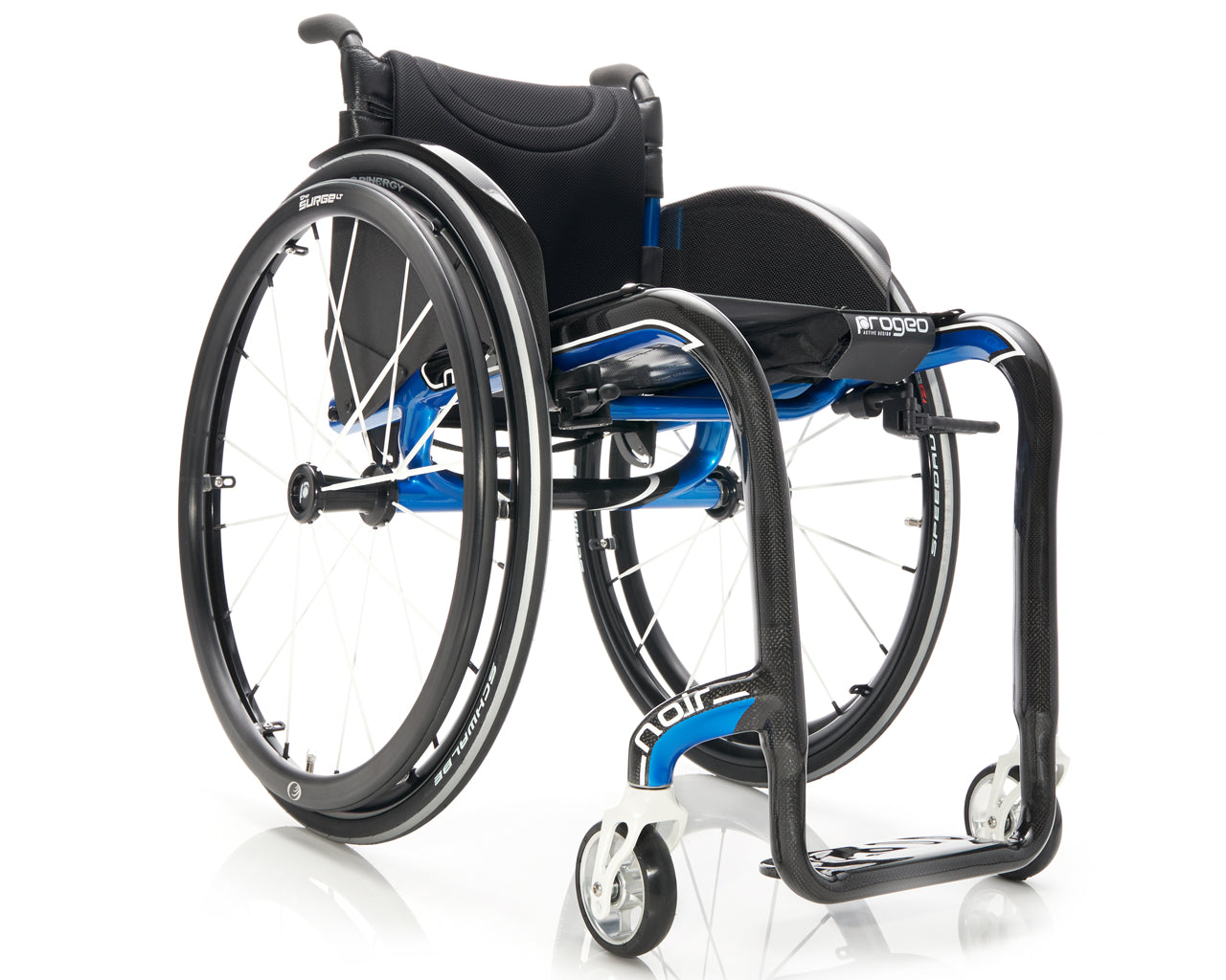 progeo noir 2 carbon fibre wheelchair in black and blue
