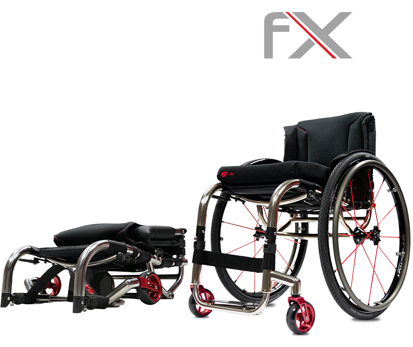 A compact rgk fx omanual wheelchair with a matching footrest, shown in both folded and extended positions on a white background. The wheelchair features a black padded seat and backrest, a silver aluminum frame, and red accents on the wheel spokes and casters.tane 