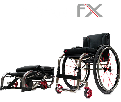 A compact rgk fx omanual wheelchair with a matching footrest, shown in both folded and extended positions on a white background. The wheelchair features a black padded seat and backrest, a silver aluminum frame, and red accents on the wheel spokes and casters.tane 
