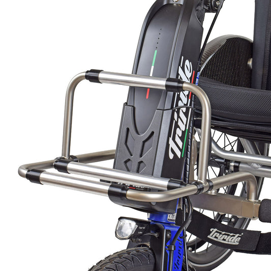 Close-up of a wheelchair with a bike rack attached on a white background Triride front rack 