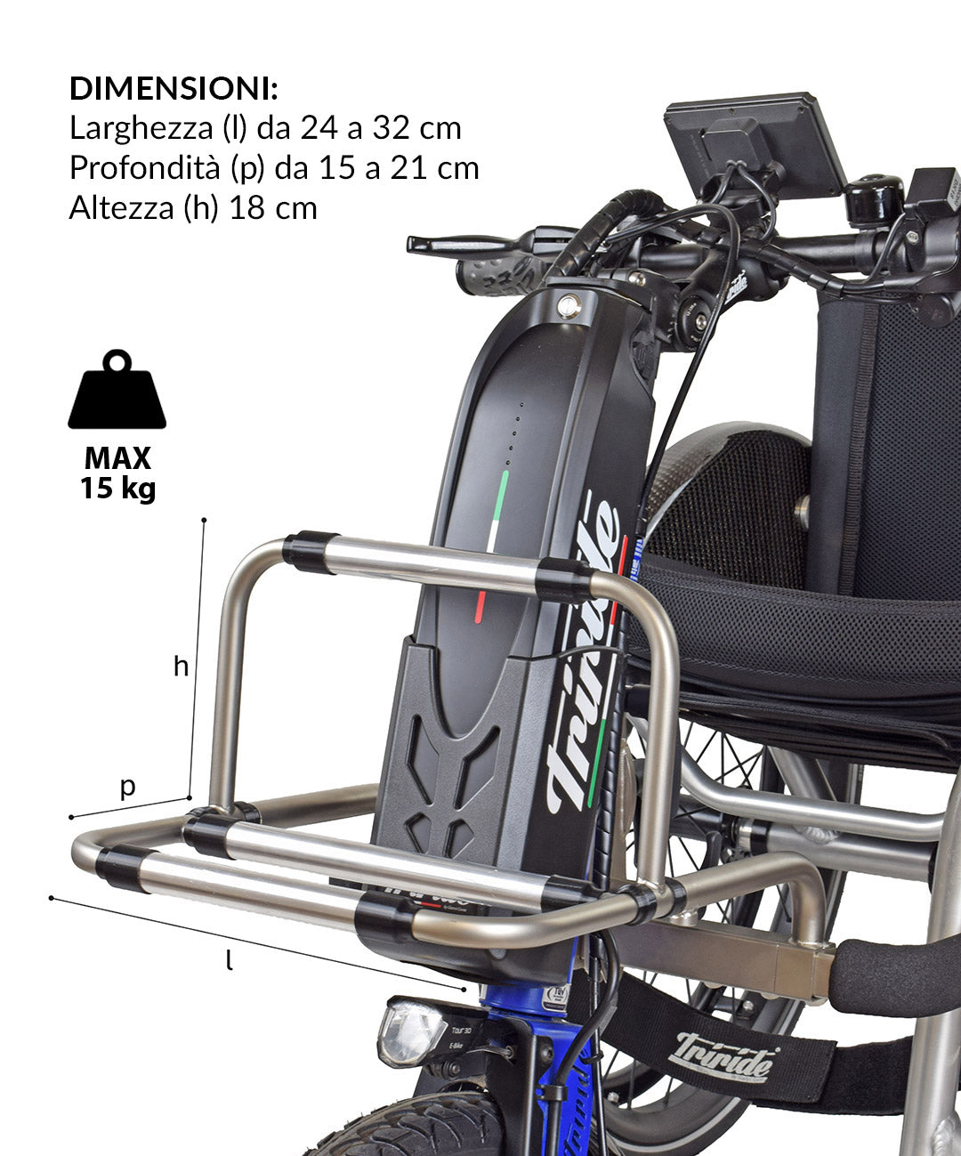 Wheelchair with a basket and dimensions displayed on a white background Triride front rack 
