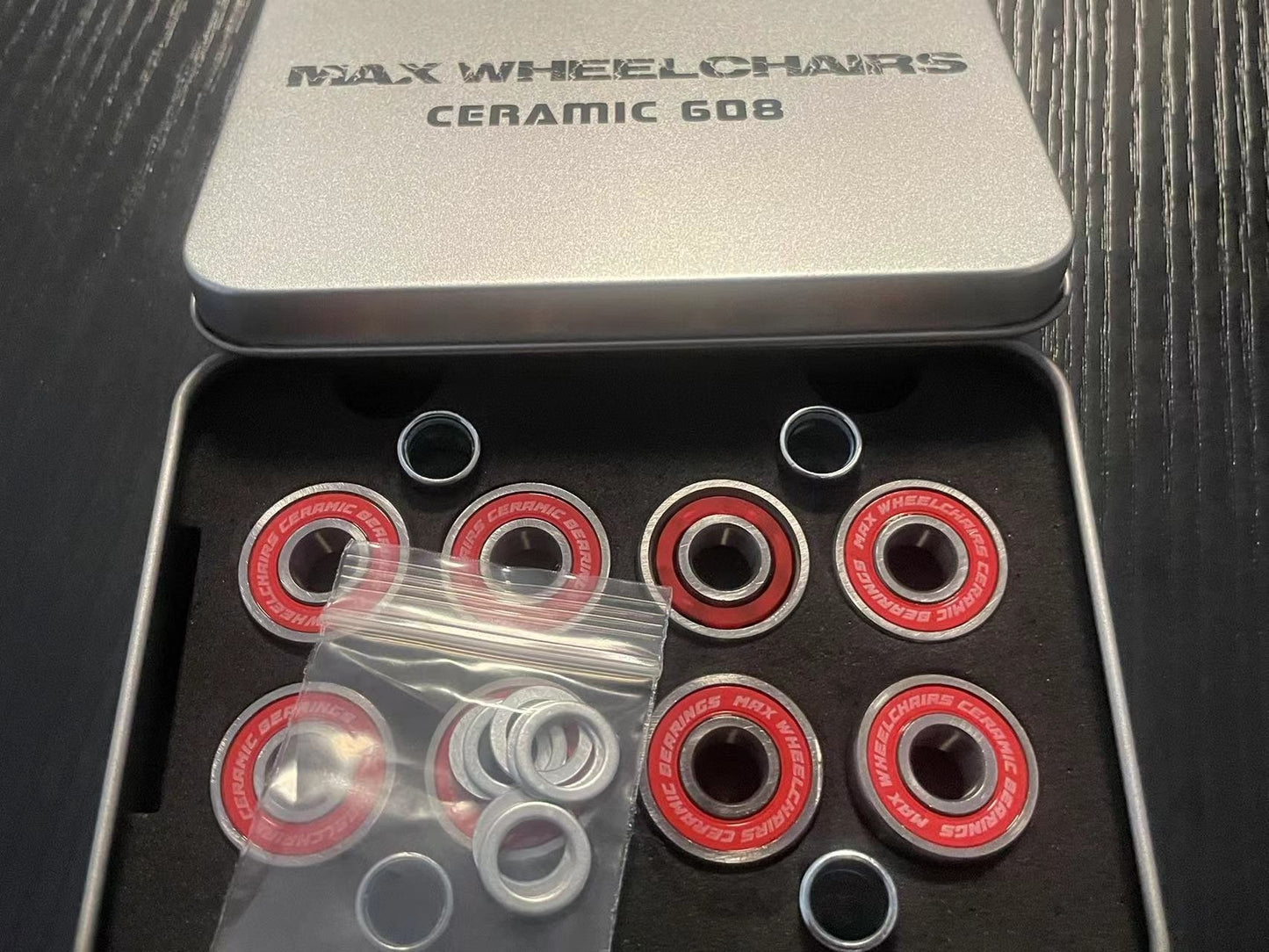 Ceramic 608 bearings with case and spacers by Max Wheelchairs