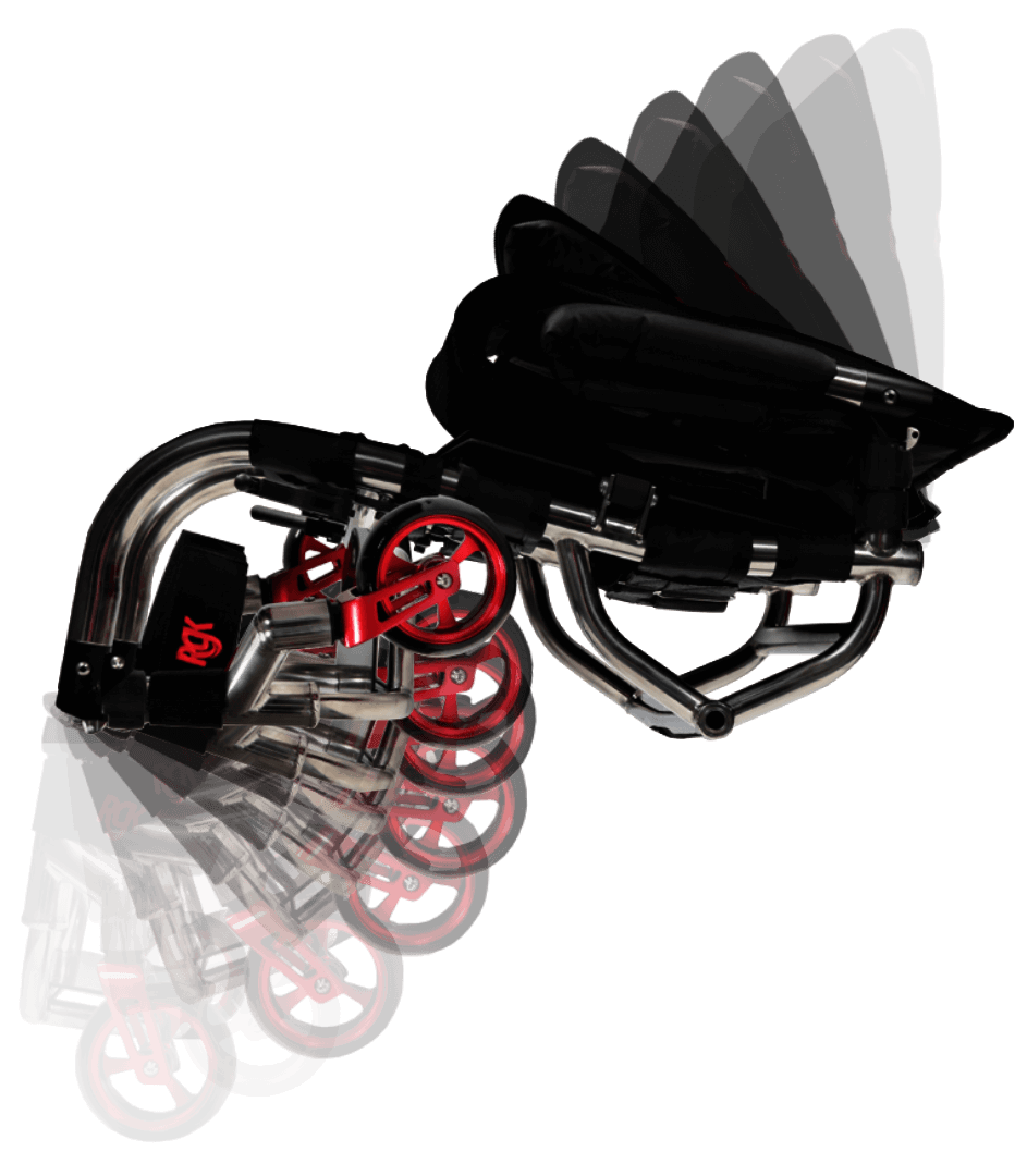 A compact folding wheelchair shown on a plain white background, with a black seat and frame, silver metal tubulars, and red wheel rims. A motion-style overlay shows the folded and unfolded positions.