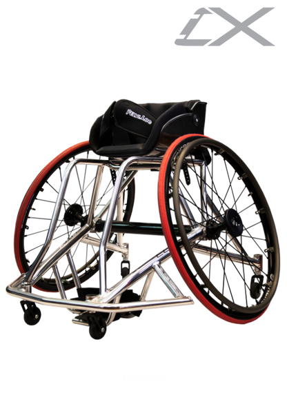 Wheelchair with red wheels on a white background, featuring the brand logo. rgk elite cx