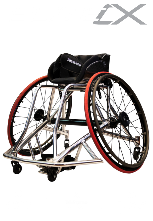 Wheelchair with red wheels on a white background, featuring the brand logo. rgk elite cx
