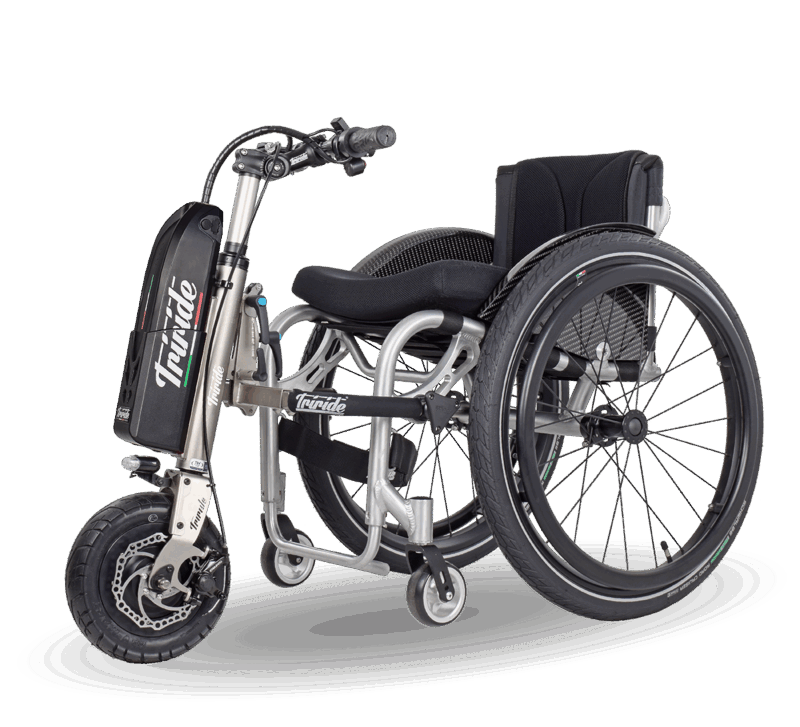 wheelchair with triride 10" power attachment and branding on a white background