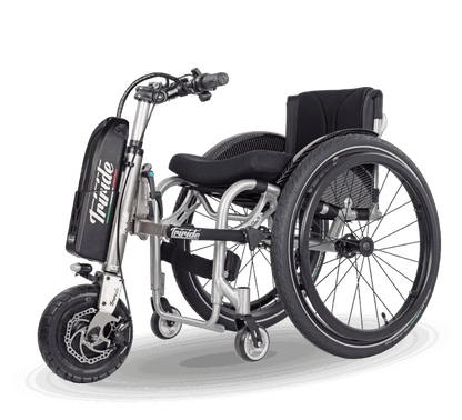 wheelchair with triride 10" power attachment and branding on a white background