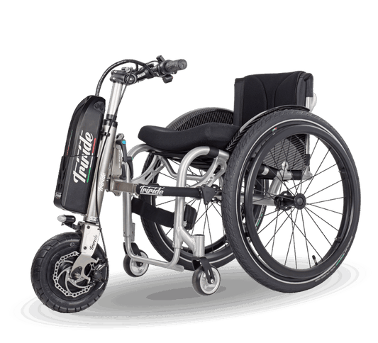 wheelchair with triride 10" power attachment and branding on a white background