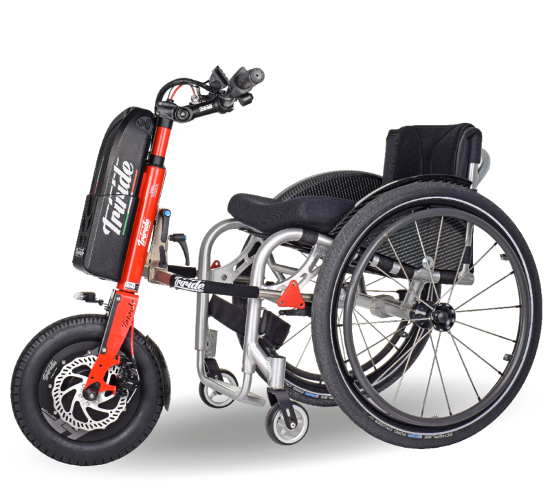 special compact ht in red triride attached to wheelchair 