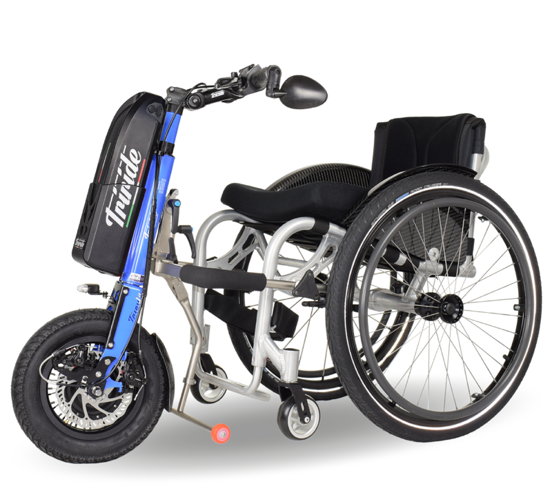 manual wheelchair with a blue frame electric triride special light attachment power and black seat on a white background
