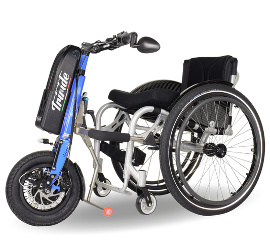 manual wheelchair with a blue frame electric triride special light attachment power and black seat on a white background