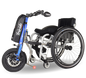 manual wheelchair with a blue frame electric triride special light attachment power and black seat on a white background