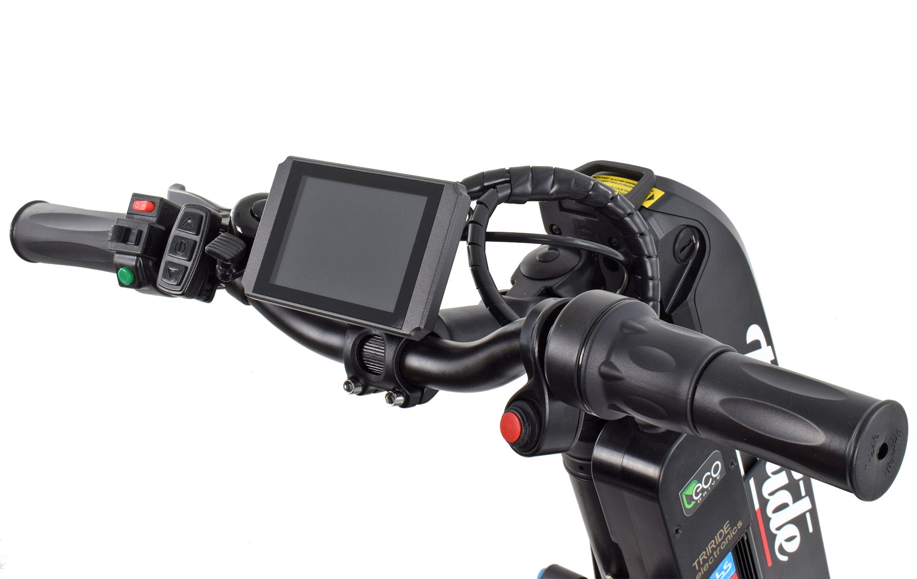Close-up of a triride l16 handlebar with control panel and display on a white background