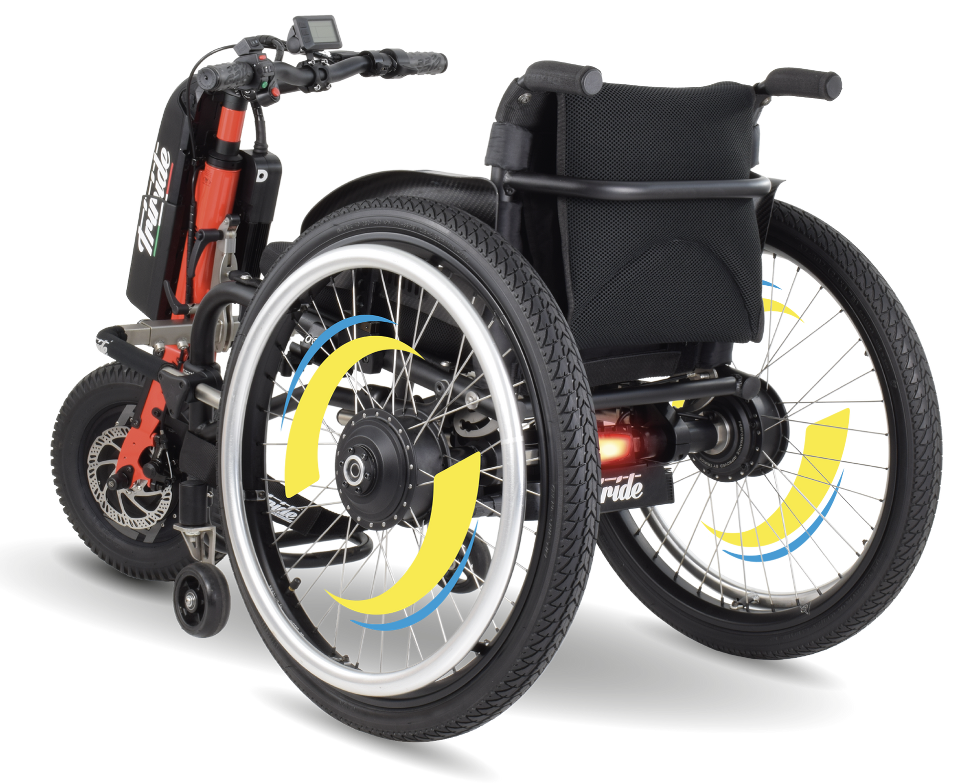 a triride all wheel drive trekking power attachment for manual wheelchairs side view attached to wheelchair 