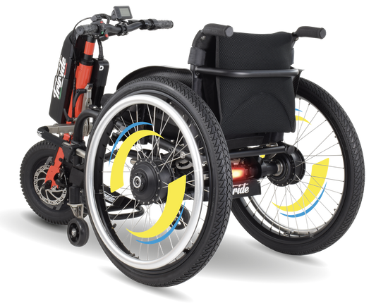 a triride all wheel drive trekking power attachment for manual wheelchairs side view attached to wheelchair 