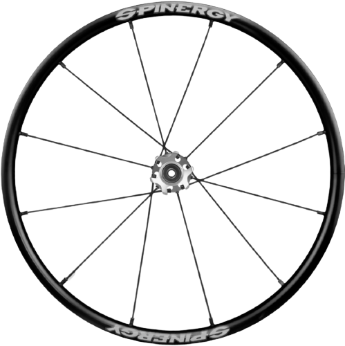 Spinergy wheelchair wheel with PBO spokes and hub, designed for performance and torsional stiffness.