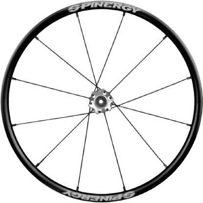 Spinergy wheelchair wheel with PBO spokes and hub, designed for performance and torsional stiffness.