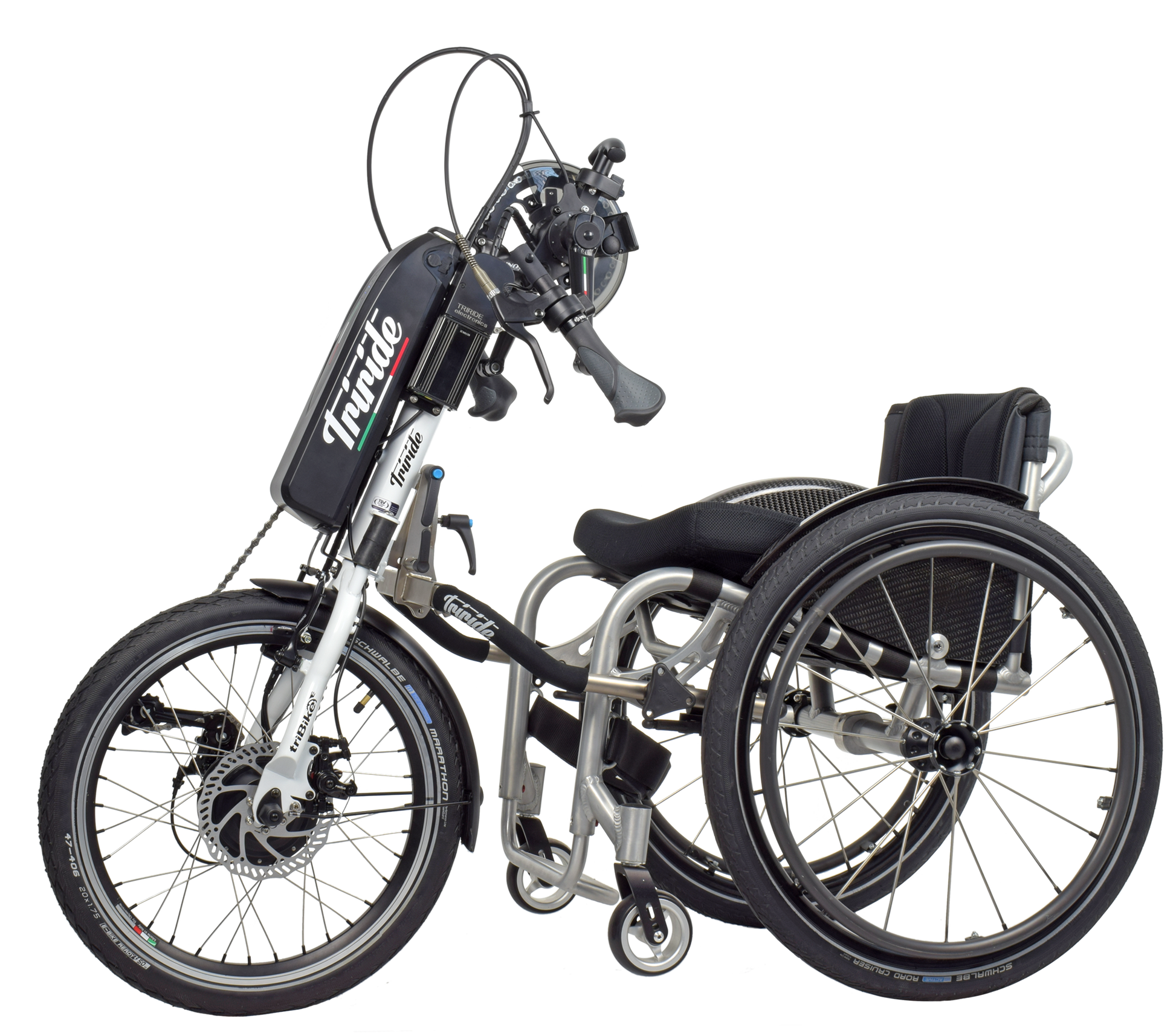 Tribike Triride E Hybrid Power Assist hand cycle attachment for wheelchairs