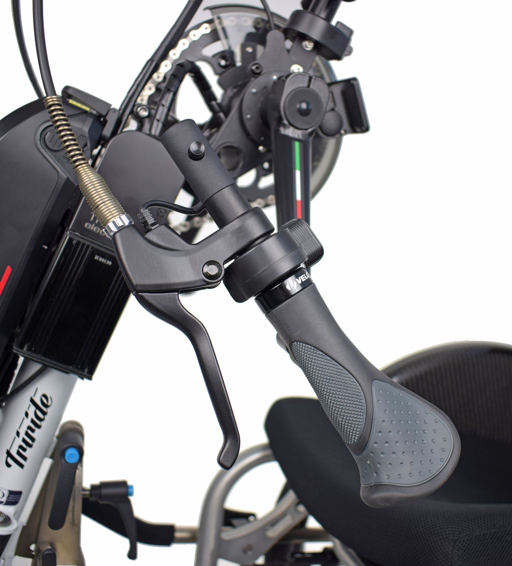 Tribike Triride E Hybrid Power Assist hand cycle attachment for wheelchairs handle